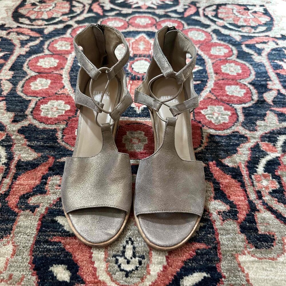 Eileen Fisher Gold Strappy Open Toe Block Heel Sandals